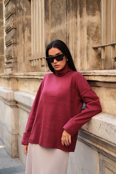 FOR YOU MODA Sleeve Detailed Turtleneck Turtleneck Burgundy Blouse
