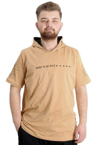 ModeXL Ανδρικό μπλουζάκι Mode Xl Plus Size με κουκούλα Born To Be Wild 23122 Beige