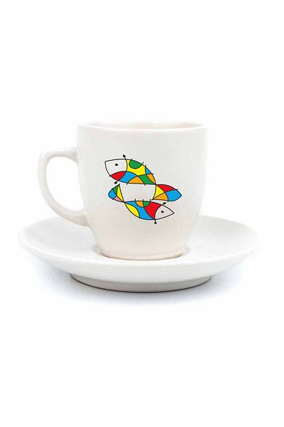 PALTO TASARIM Spanish Fishes 4-Piece Cream Turkish Coffee Cup Set for 2 People - Gift Coffee Cup Set
