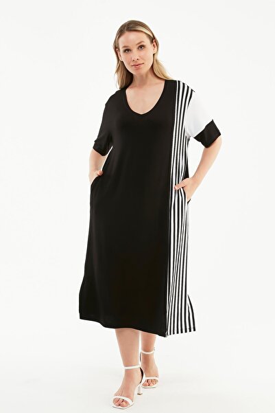 Ebsumu Μαύρο φόρεμα σε μεγάλο μέγεθος - με λεπτομέρεια γραμμής, κρυφές τσέπες...