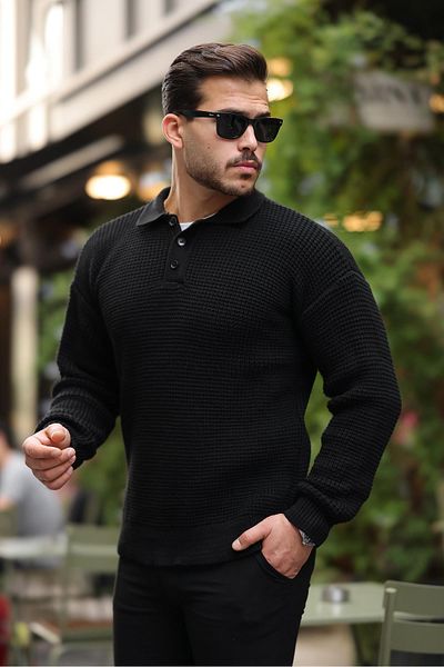 Valiberta Modern Fit Polo Neck Striped Knitwear Sweater - Black