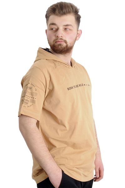 ModeXL Ανδρικό μπλουζάκι Mode Xl Plus Size με κουκούλα Born To Be Wild 23122 Beige