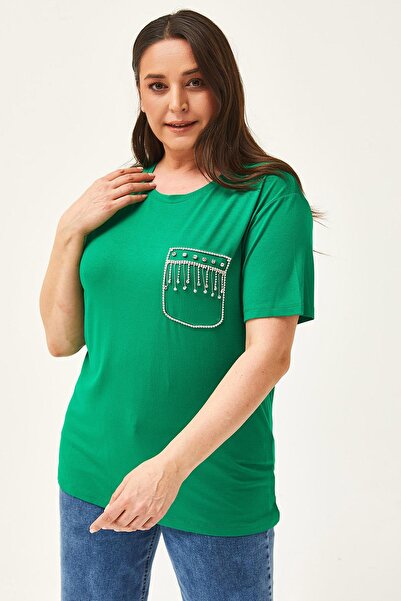 Ebsumu Γυναικεία Πράσινη Μπλούζα με Λεπτομέρεια Τσέπης με Πέτρινη στάμπα