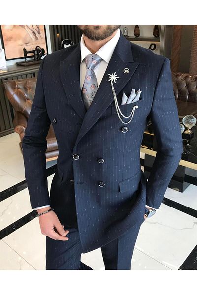 TerziAdemAltun Navy Blue Slim FiT STriped Double BreasTed JackeT and Trousers SeT - T9606