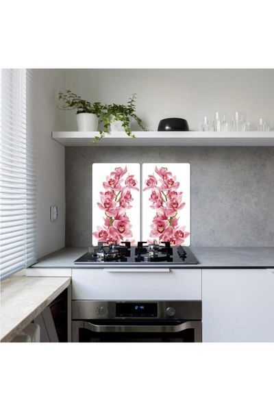 Saban 2-Piece 30X52 cm Glass Stove Protector Pink Orchid for 4-Piece Stoves