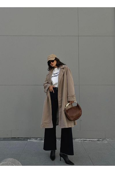 minaaise Trench oversize cu model în dungi cu căptușeală de piatră pentru femei 28119