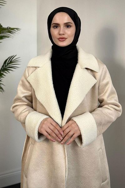 MERVEN AKYÜZ Κρεμ παλτό Rima Cashmere - Μαλλί εσωτερικά
