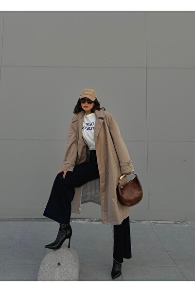 minaaise Kadın Taş Astarı Çizgi Desenli Oversize Trençkot 28119