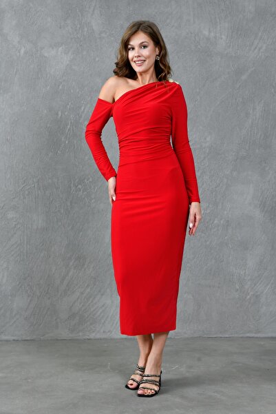 bayansepeti Piros, rugalmas szövetből készült vállgombos, hosszú ujjú midi ruha 4423