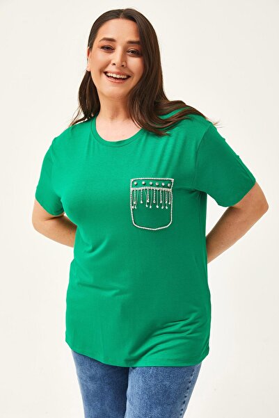 Ebsumu Γυναικεία Πράσινη Μπλούζα με Λεπτομέρεια Τσέπης με Πέτρινη στάμπα