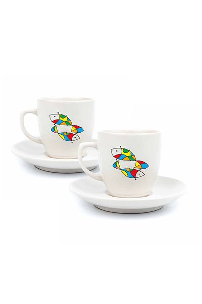 PALTO TASARIM Spanish Fishes 4-Piece Cream Turkish Coffee Cup Set for 2 People - Gift Coffee Cup Set
