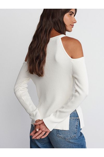 Dilvin 60259 Zippered Slit and Open Shoulder Detailed Knitwear Cardigan-Ecru
