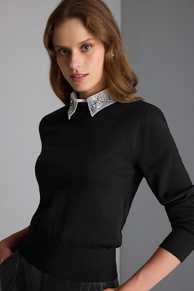 JOIN US Cămașă funcțională brodată cu piatră Pulover tricot negru