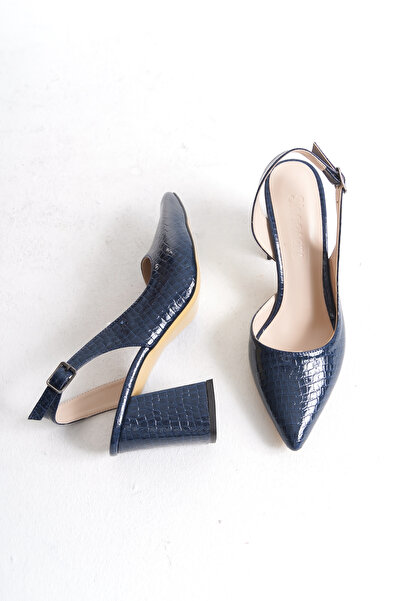 Shoesers Kadın Lacivert Croco Asimetrik Bantlı Sivri Burunlu Kalın Topuklu Ayakkabı
