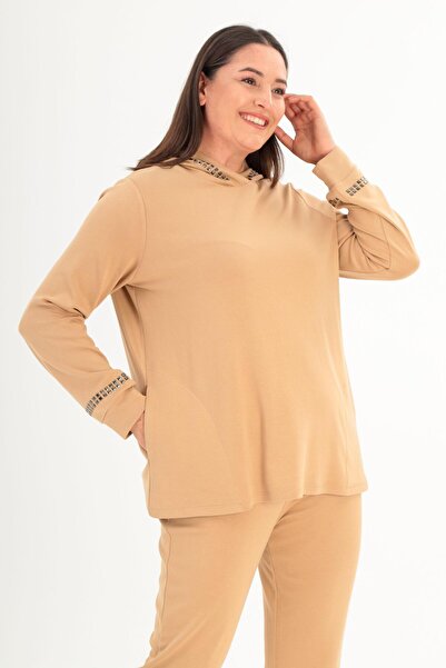Metpoint Trend42Plus Beige Hooded Collar Sweat Pants - Plus Size Set
