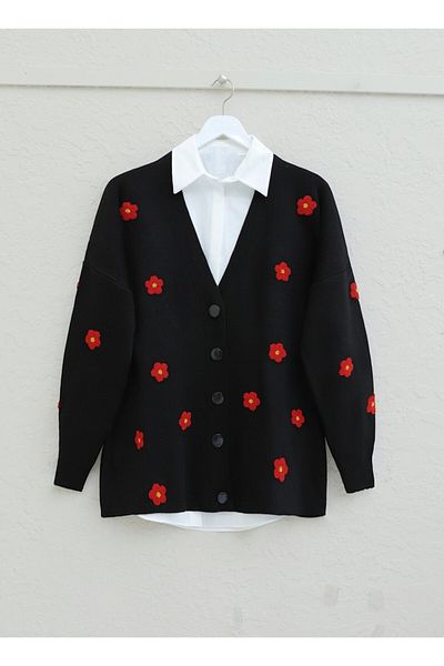 Modamorfo Floral Poncho Embroidered Knitwear Cardigan - Black