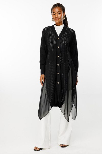 Ghisa Black Knitwear Cardigan - Chiffon Detailed