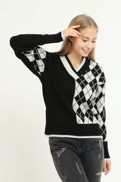 Blue Petrol Kadın Baklava desen detaylı, V yaka Kazak