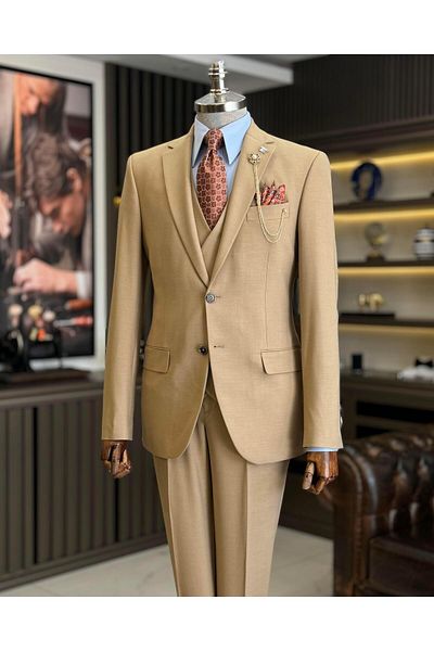 TerziAdemAltun Camel Colored Classic Cut Regular Fit Jacket and Vest Pants Set - T12609