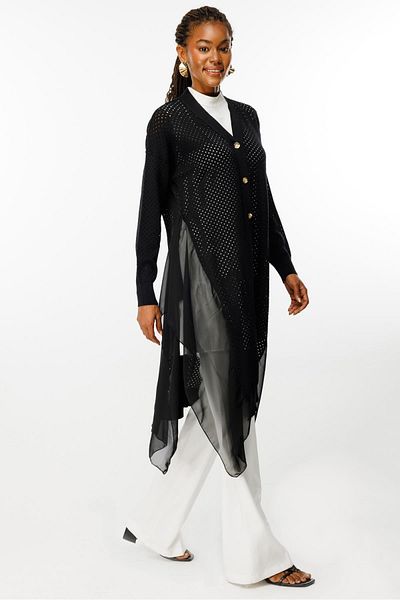 Ghisa Black Knitwear Cardigan - Chiffon Detailed