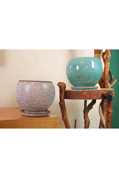 BİTKİ TASARIMI Krem Kahve Şekilli Ve Turkuaz Artistik Çift Sırlı İç Ve Dış Me...