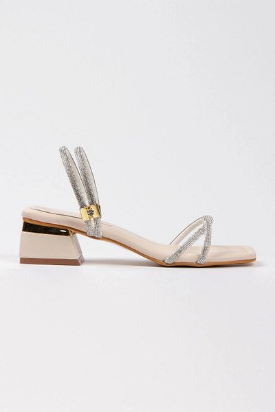MFT AYAKKABI Beige Stone Embroidered Ankle Adjustable Stylish Heeled Shoes