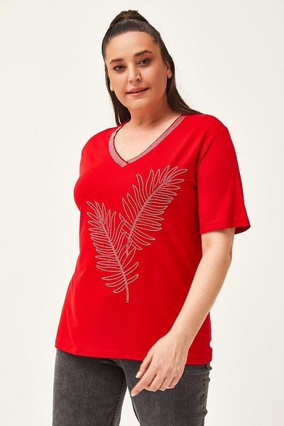 Ebsumu Women's Large Size Leaf Patterned Stone Printed Red Blouse