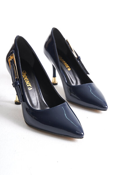 Redoxy Women's Special Design Thin Heeled Navy Blue Patent Leather Stiletto with Metal Accessories