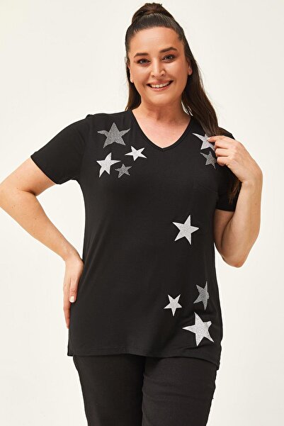 Ebsumu Women's Plus Size Glittery Star Printed Black and White Blouse
