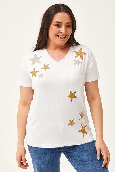 Ebsumu Women's Plus Size Glittery Star Printed White-Yellow Blouse