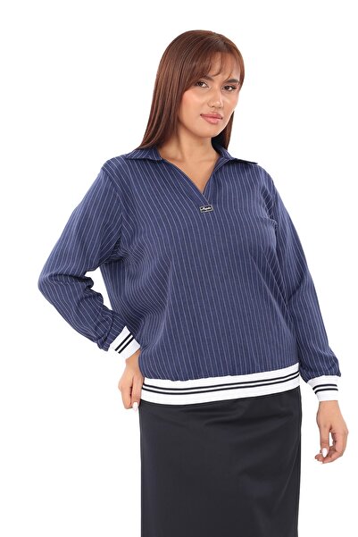 Lady Majestic Plus Size Collared Striped Blouse