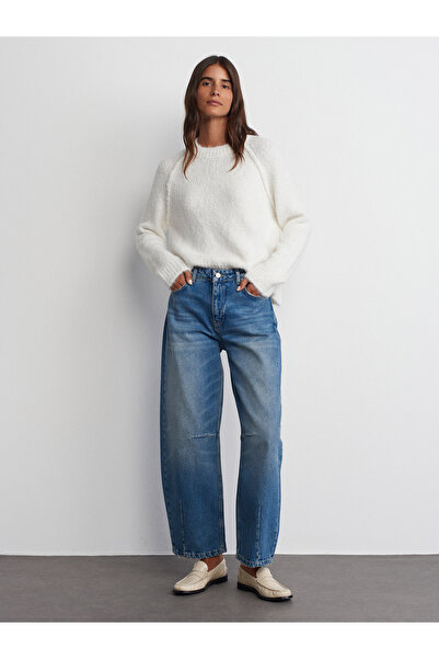 Dilvin 10646 Crew Neck Stitching Detailed Knitwear Sweater-Ecru