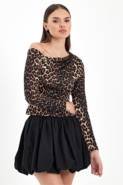 alenmoda Bluză tricotată nisipoasă cu umăr deschis LEOPARD pentru femei