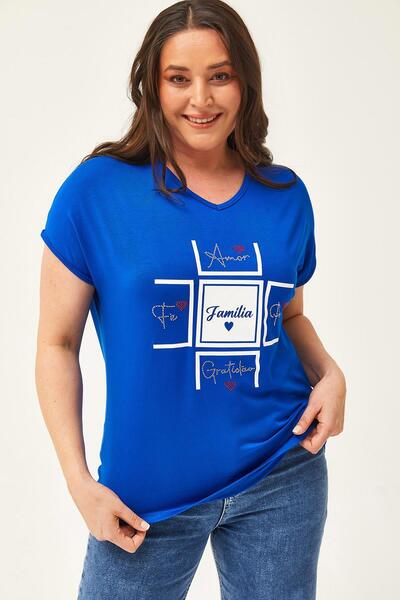 Ebsumu Kadın Büyük Beden Familia Baskılı Mavi Bluz