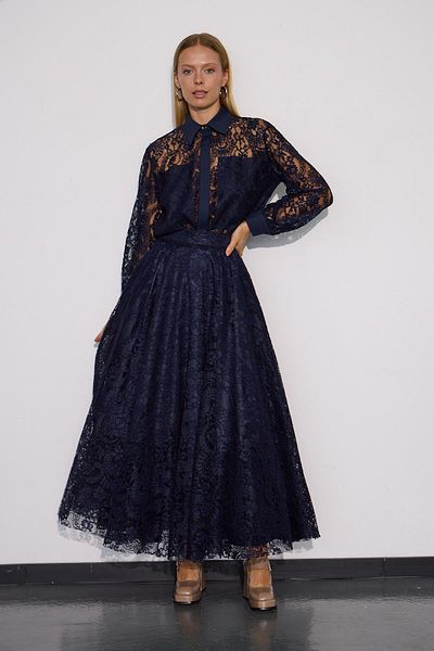 NOK İSTANBUL Lace Blossom Glow Maxi Size Lace Skirt Navy Blue