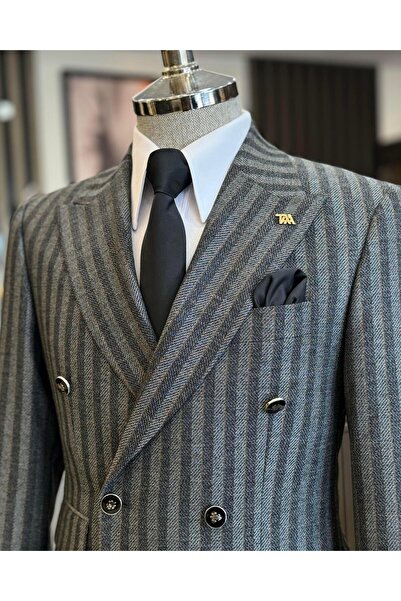 TerziAdemAltun Black Italian Style Slim Fit Striped Double Breasted Jacket and Pants Set - T12983