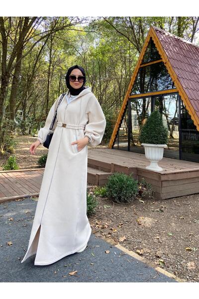 Berel Moda 3 İplik Cepli Kapüşonlu Oversize Sidelya Kap Ferace - Bej