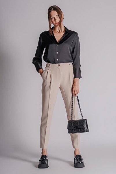 BRACCAS Kadın Yandan Cepli Arka Cep Fleto Beli Lastikli ve Pilili Slim Fit Pantolon Taş