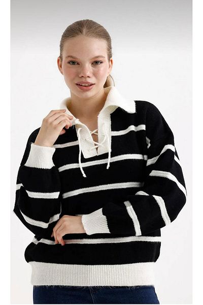 ASM Fashion Pulover cu șireturi în dungi pentru damă