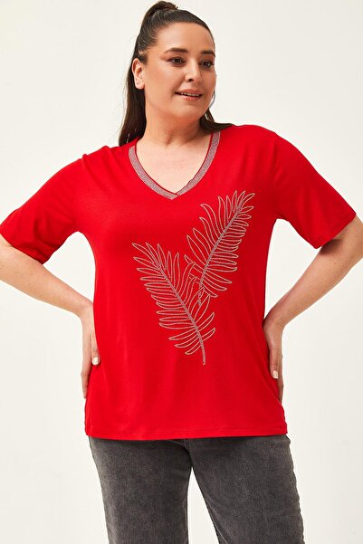 Ebsumu Kadın Büyük Beden Yaprak Desenli Taş Baskılı Kırmızı Bluz