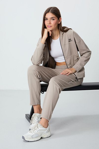 TOMMY LIFE Set de trening pentru femei, bej închis, cu glugă, cu buzunar ascuns - 95306