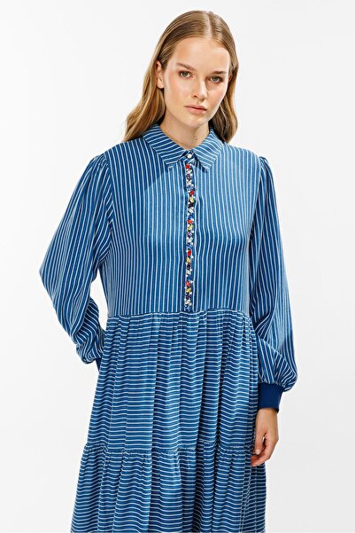 Ghisa Taş Işlemeli Elbise Açık Mavi Kalın Çizgili