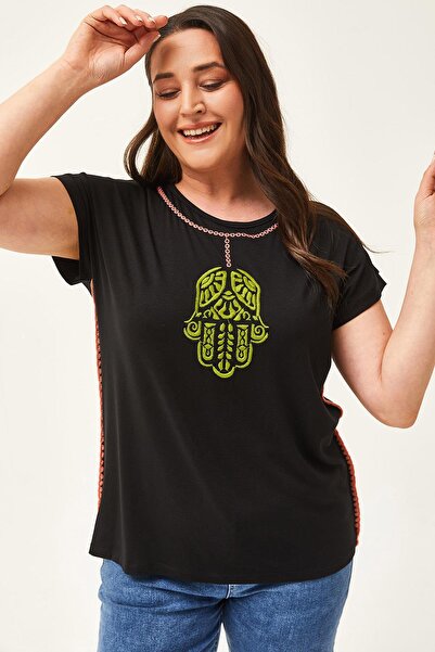 Ebsumu Γυναικεία Μαύρη Μπλούζα Plus Size με λεπτομέρεια κεντήματος στο χέρι