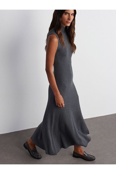 Dilvin 90234 Smoke M. - Stand Collar Ribbed Sleeveless Knitwear Dress
