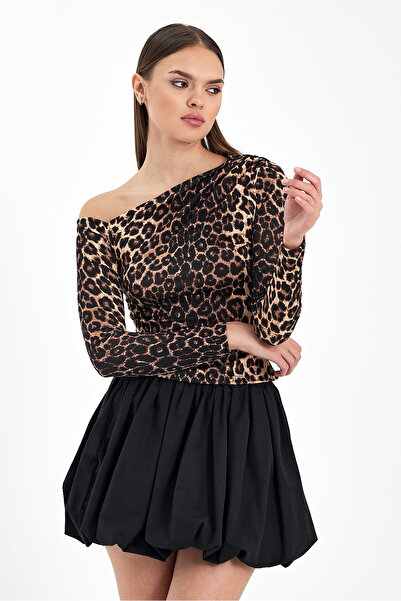 alenmoda Bluză tricotată nisipoasă cu umăr deschis LEOPARD pentru femei