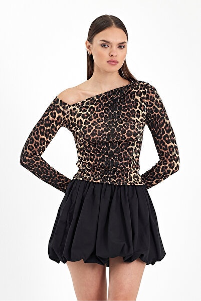 alenmoda Bluză tricotată nisipoasă cu umăr deschis LEOPARD pentru femei