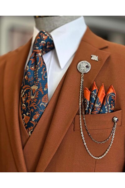 TerziAdemAltun Brick Color Regular Fit Classic Cut Jacket and Vest Pants Set - T12608