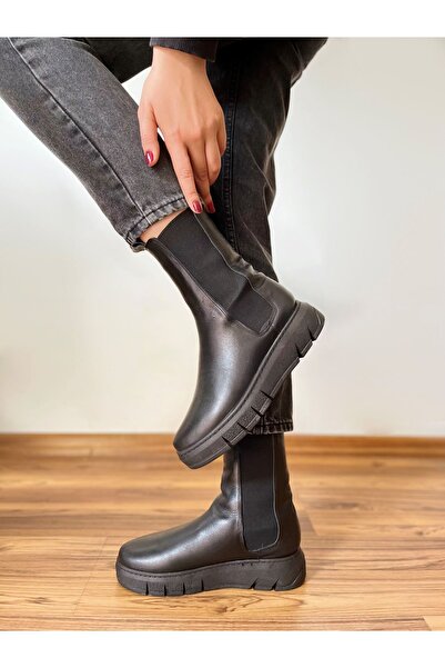 Saracshoes Gerçek Deri Kadın Bot Lastikli Siyah Elasti