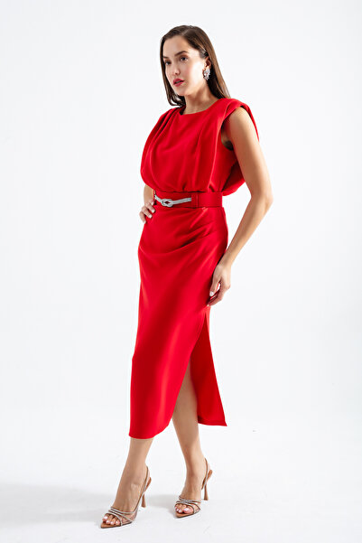 Lafaba Női Red Stone öves hasított midi estélyi ruha