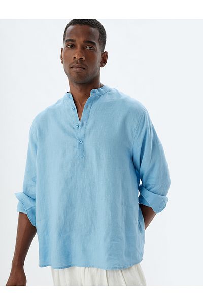 Koton Collarless Linen Shirt Long Sleeve Button Detail Regular Fit